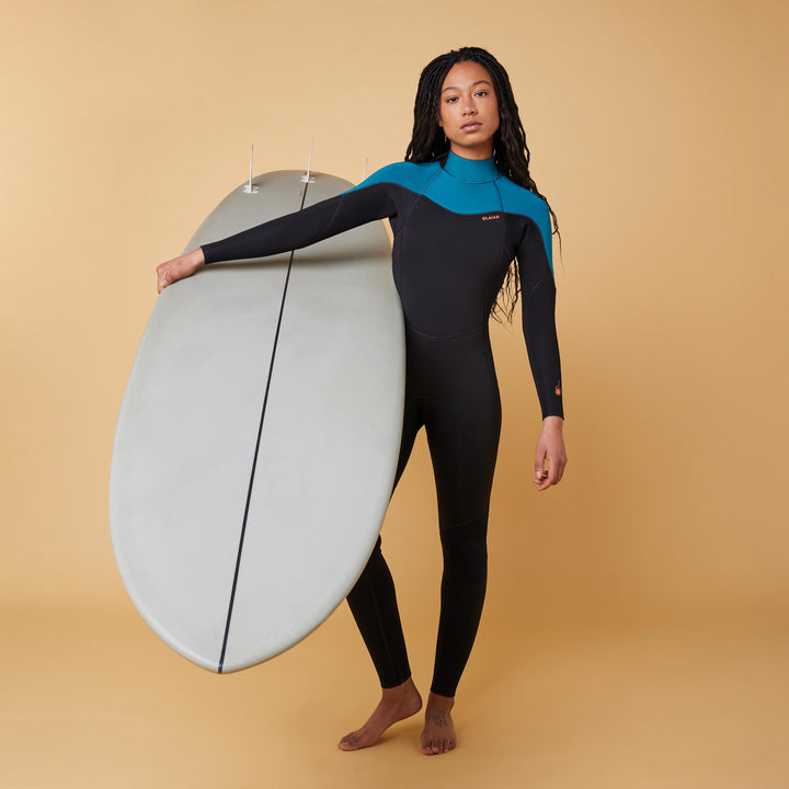 Wetsuit voor surfen dames 500 fullsuit 4/3 zwart en groen rugrits